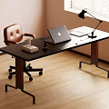 Modern Work Desk With MacBook Desk Lamp Cup Brown Leather Chair Wooden Floor Window Blinds