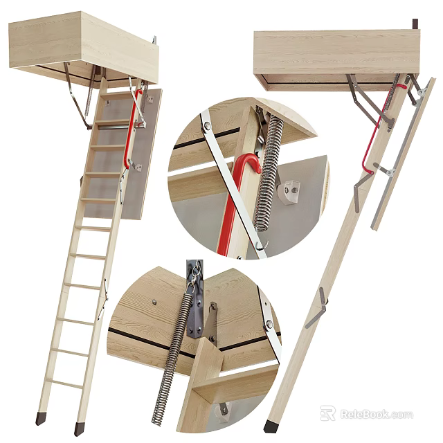 Wooden Wall Mounted Folding Ladder With Sturdy Metal Spring Mechanism And Installation Parts 3d model 