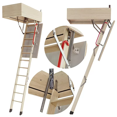 Wooden Wall Mounted Folding Ladder With Sturdy Metal Spring Mechanism And Installation Parts 3d model