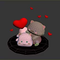 Cute Pink And Gray Cartoon Creatures Playing Together With Red Hearts On Black Circular Base