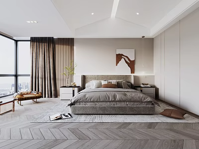 Modern Bedroom Interior With Large Bed Wooden Flooring And Area Rug 3d model