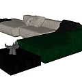 Beige and Green Sectional Sofa with Black Coffee Table and Decorative Items 3d model