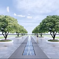 Decorative Circular Tree Pit With Large Green Tree And Surrounding Fountains On Paved Ground