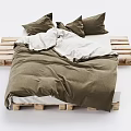 Wooden Pallet Bed Frame With Green Bedspread And White Pillows Setup