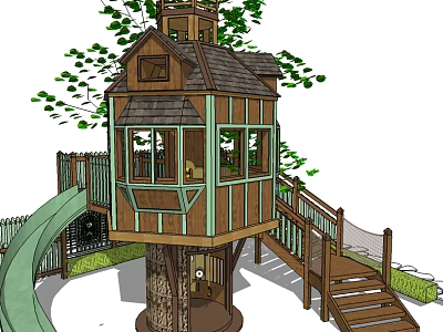 Wooden Tree House With Slide Stairs And Observation Windows Surrounded By Green Plants 3d model