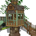 Wooden Tree House With Slide Stairs And Observation Windows Surrounded By Green Plants