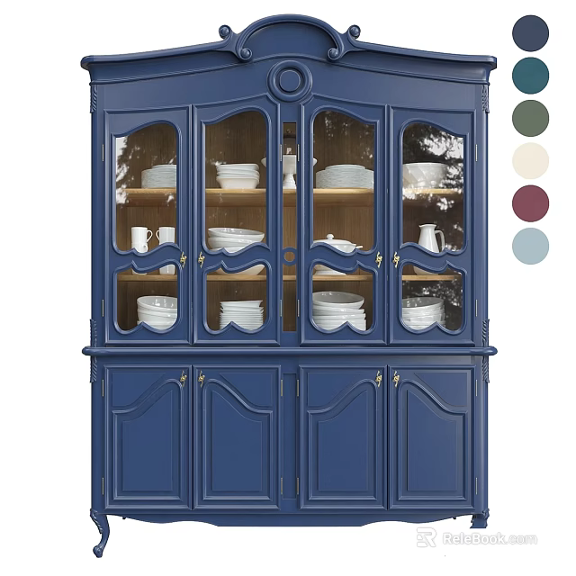 Elegant Blue China Cabinet With Glass Doors Holding Plates Cups And Color Options 3d model 