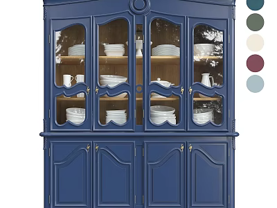 Elegant Blue China Cabinet With Glass Doors Holding Plates Cups And Color Options 3d model