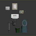 Blue Toilet In Bathroom With Open Lid White Sink Green Bucket And Wall Mirror