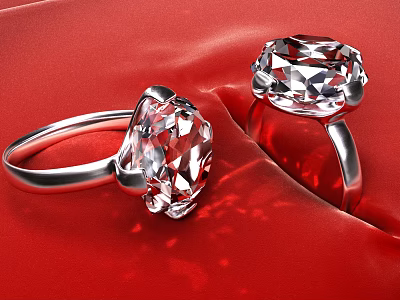 Large Diamond Rings With Clear Cut Facets Set In Silver Metal On Red Satin Background 3d model
