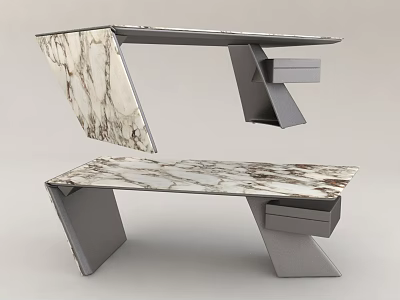 Modern Office Desk Design With Marble Top Geometric Supports And Storage Drawer 3d model