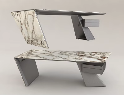 Modern Office Desk Design With Marble Top Geometric Supports And Storage Drawer 3d model
