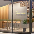Modern Café Exterior Design With Wooden Facade Glass Doors White Umbrellas And Outdoor Seating