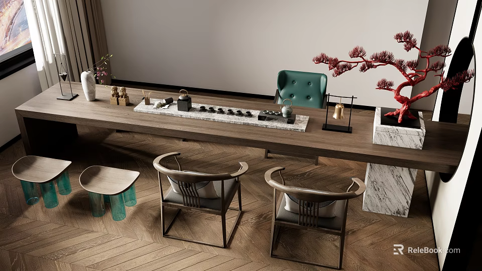 Modern Wooden Tea Table and Chairs with Tea Set Chessboard Green Chair Red Potted Plant 3d model 