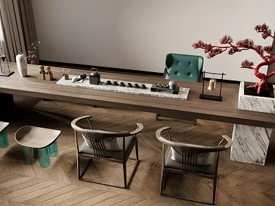 Modern Wooden Tea Table and Chairs with Tea Set Chessboard Green Chair Red Potted Plant 3d model