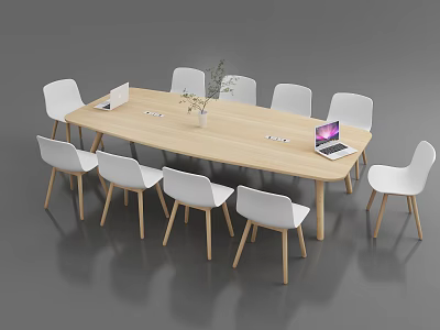 Modern Wooden Conference Table With White Chairs Potted Plant And Laptop 3d model