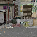 Vintage Commercial Street With Graffiti Art Colorful Buildings Awning And Roller Shutter
