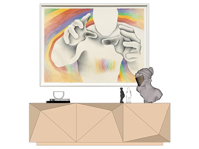 Modern Geometric TV Stand with Cup Books Figurines Sculpture and Rainbow Background Painting 3d model