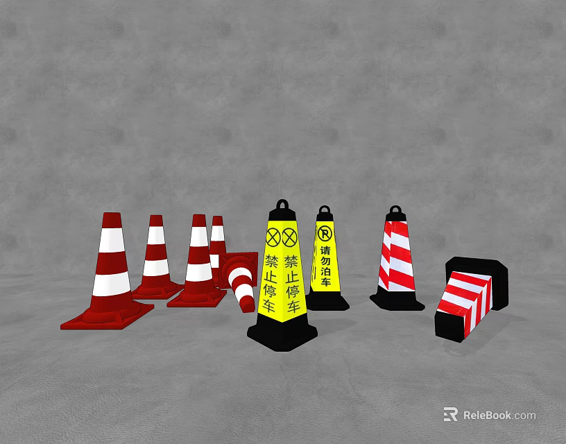 Road Traffic Safety Facilities Including Red White Striped Cones Yellow Warning Signs And Barriers 3d model 