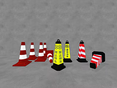 Road Traffic Safety Facilities Including Red White Striped Cones Yellow Warning Signs And Barriers 3d model