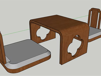 Wooden Tea Table And Chairs Set With Carved Cutouts And Gray Cushioned Seats 3d model