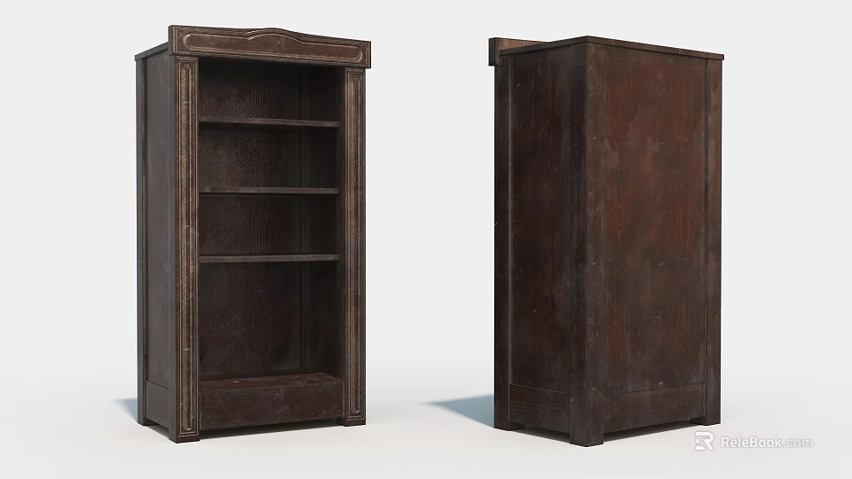 Dark Brown Wooden Bookcases with Multiple Shelves and Decorative Top from Different Angles 3d model 