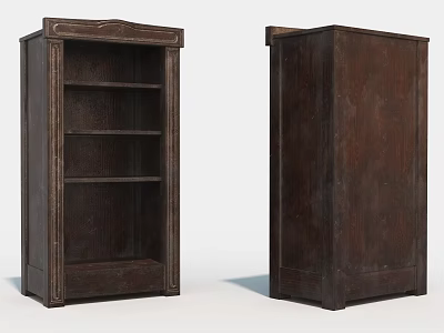 Dark Brown Wooden Bookcases with Multiple Shelves and Decorative Top from Different Angles 3d model