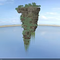 Floating Rock Formation With Green Vegetation And Water Reflection Under Blue Sky