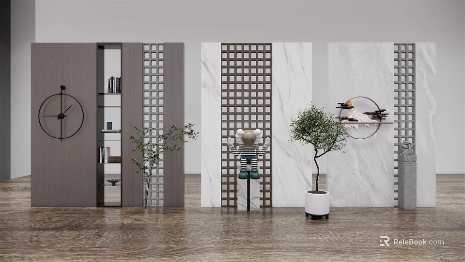 Modern Interior Decorative Partition With Grid Design Marble Wall And Indoor Plants 3d model