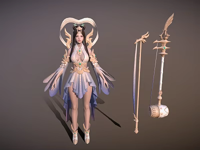 Fantasy Game Character With Ornate Outfit And Weapon 3d model