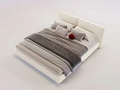 Double Bed with White Headboard Gray and White Bedding Soft Pillows and Decorative Red Cushion 3d model