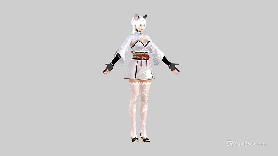 Woman in White Kimono with Cat Ears Red Obi Lace Stockings and High Heels Standing 3d model 