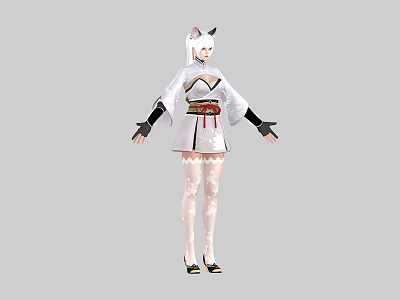 Woman in White Kimono with Cat Ears Red Obi Lace Stockings and High Heels Standing 3d model