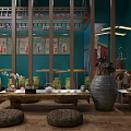 Traditional Modern Bubble Tea Shop Interior With Wooden Decor Green Plants And Round Stools