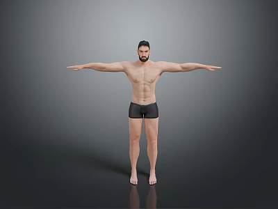 Fit Shirtless Man Standing With Arms Outstretched In Black Shorts Against Gray Background 3d model