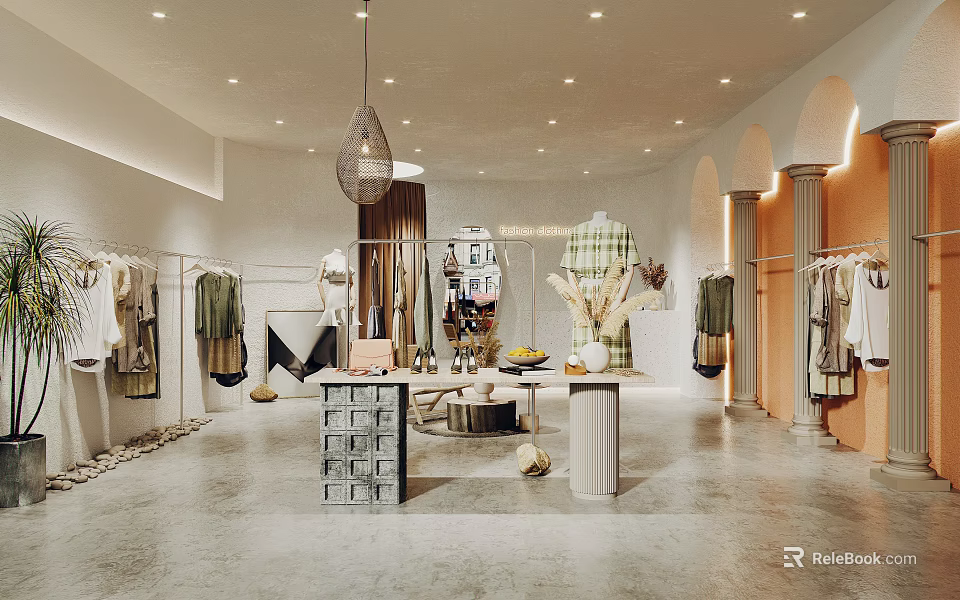 Modern Clothing Store Interior With Fashion Apparel Racks And Decorative Display Areas 3d model 