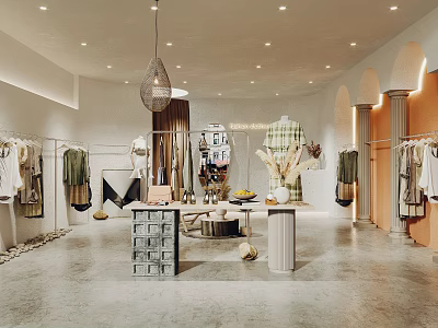 Modern Clothing Store Interior With Fashion Apparel Racks And Decorative Display Areas 3d model