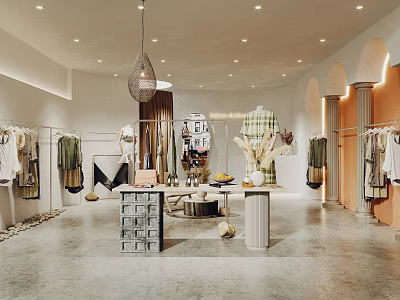 Modern Clothing Store Interior With Fashion Apparel Racks And Decorative Display Areas 3d model