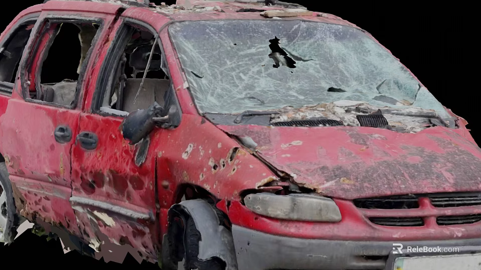Old Damaged Red Car With Broken Windshield And Scratched Body Panels 3d model