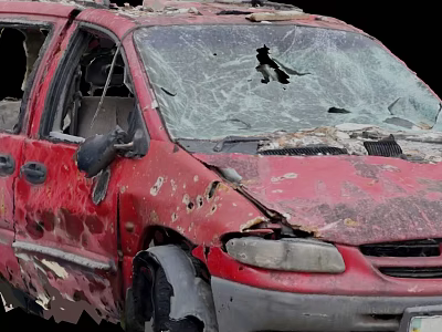 Old Damaged Red Car With Broken Windshield And Scratched Body Panels 3d model