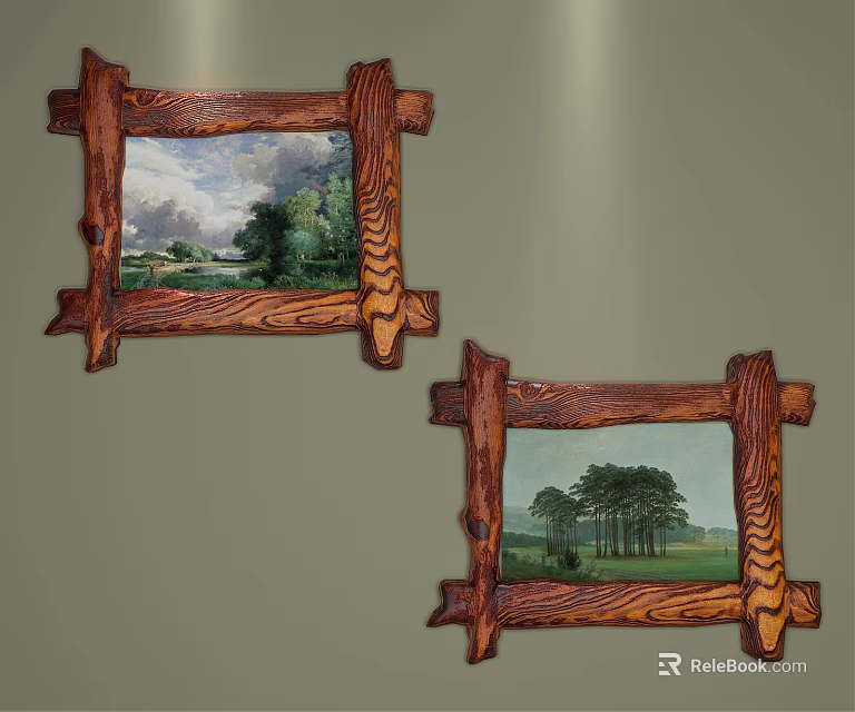 Rustic Wooden Framed Landscape Paintings With Green Trees Blue Sky And Grassland Scenery 3d model 