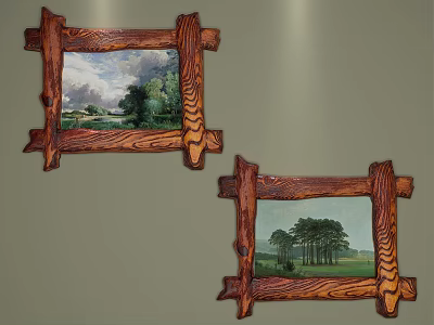 Rustic Wooden Framed Landscape Paintings With Green Trees Blue Sky And Grassland Scenery 3d model