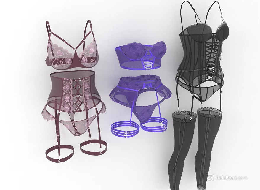 Lace Decorated Lingerie Collection Featuring Pink Purple Black Bras Panties Corset And Stockings 3d model 
