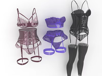 Lace Decorated Lingerie Collection Featuring Pink Purple Black Bras Panties Corset And Stockings 3d model