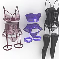 Lace Decorated Lingerie Collection Featuring Pink Purple Black Bras Panties Corset And Stockings