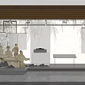 Modern Interior Design Featuring Landscape Painting Gray Flooring And Wooden Ceiling Lines