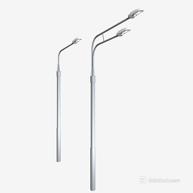 Two Modern Outdoor Street Lights with Silver Poles and Curved Lamp Arms 3d model 