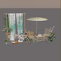 Chinese Style Outdoor Tea Setting With Bamboo Furniture Calligraphy Scrolls And Plants
