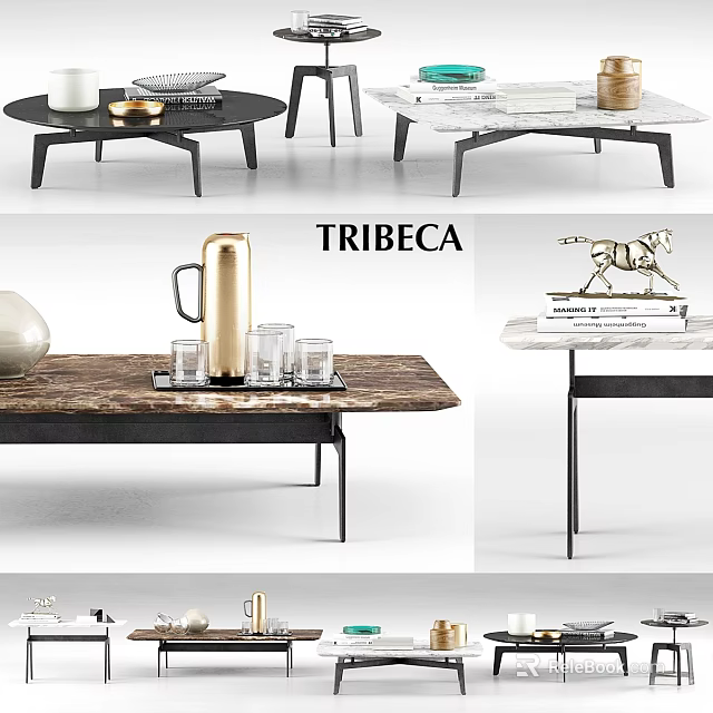 TRIBECA Modern Dining Table With Marble Top Metal Frame And Decorative Items 3d model