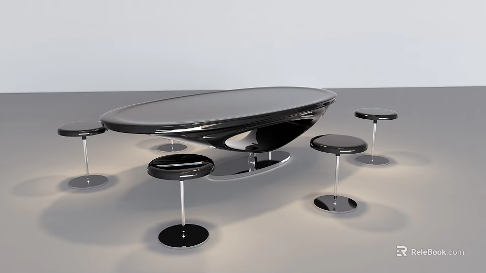 Modern Black Oval Table with Four High Stools and Metal Legs Contemporary Design 3d model 
